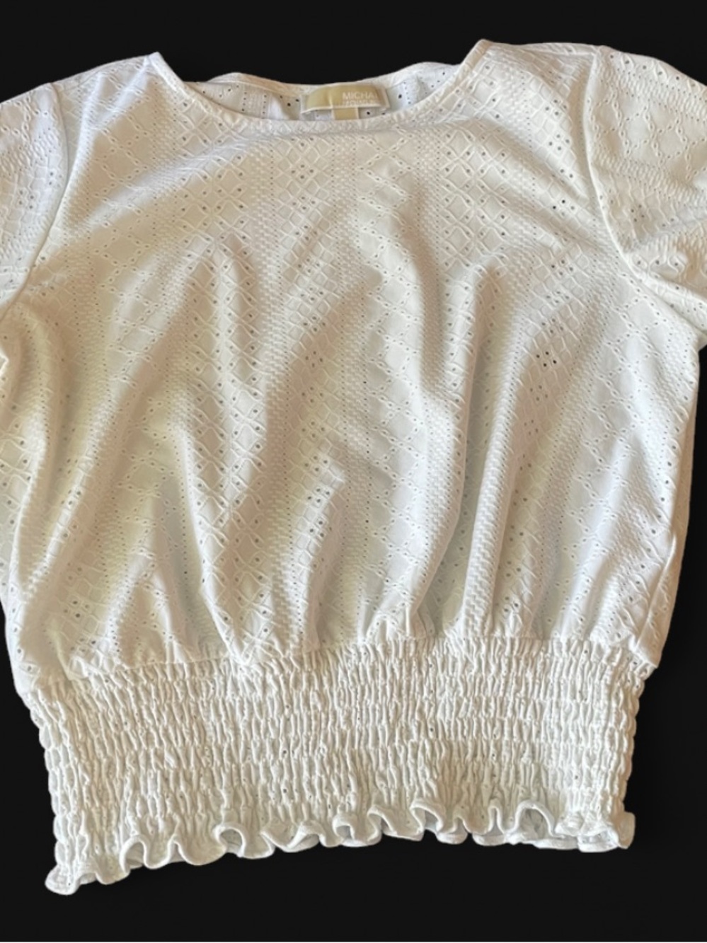 Michael Kors White Eyelet Short Sleeve Smocked Waist Top